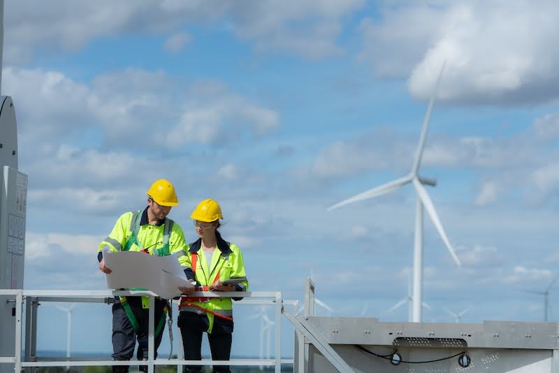 Engineer and technician discussing a solution problem of wind turbine for their in demand jobs